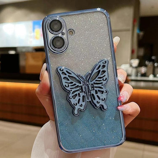 For iPhone 16 Electroplated Gradient Glitter 3D Butterfly TPU Phone Case(Gradient Blue) by buy2fix