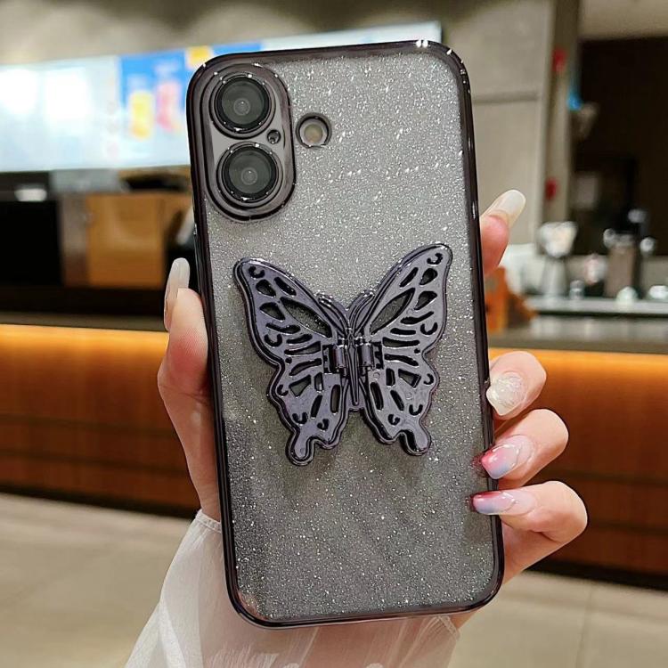 For iPhone 16 Electroplated Gradient Glitter 3D Butterfly TPU Phone Case(Gradient Black) by buy2fix