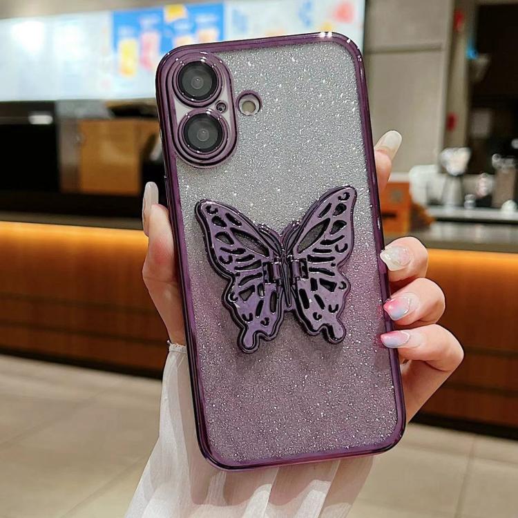 For iPhone 16 Electroplated Gradient Glitter 3D Butterfly TPU Phone Case(Gradient Purple) by buy2fix
