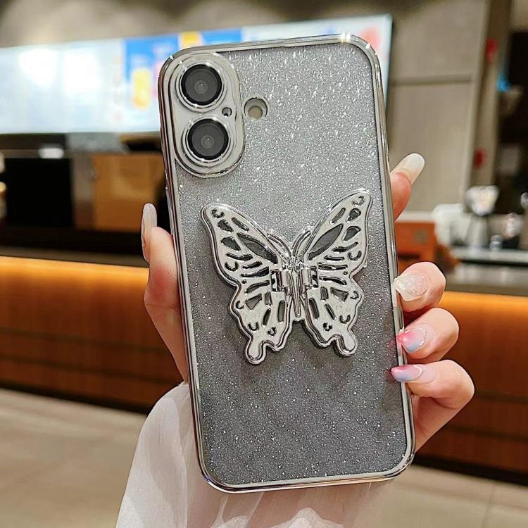 For iPhone 16 Plus Electroplated Gradient Glitter 3D Butterfly TPU Phone Case(Gradient Silver) by buy2fix