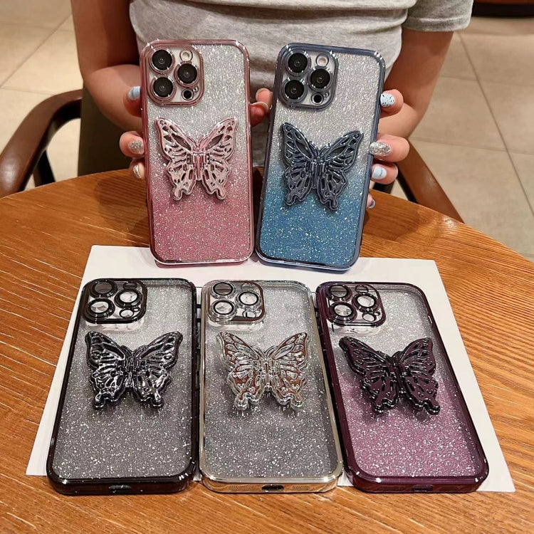 For iPhone 16 Plus Electroplated Gradient Glitter 3D Butterfly TPU Phone Case(Gradient Blue) by buy2fix