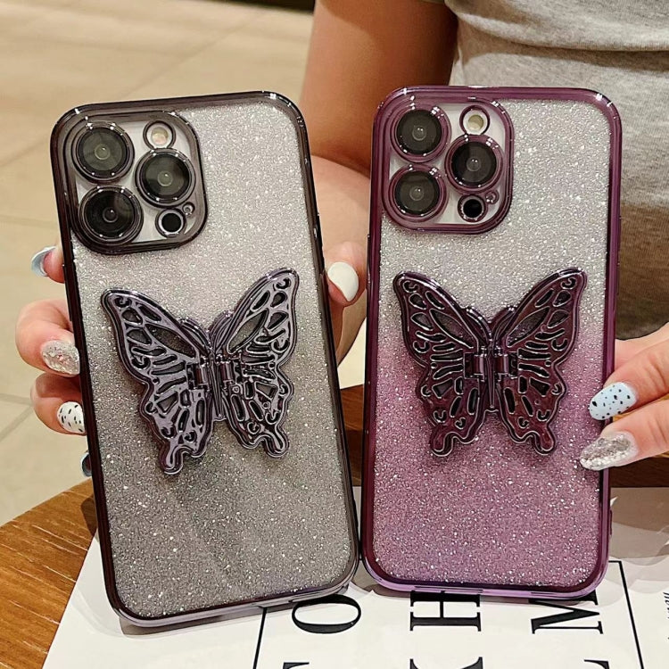 For iPhone 16 Electroplated Gradient Glitter 3D Butterfly TPU Phone Case(Gradient Purple) by buy2fix