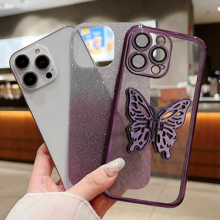 For iPhone 16 Electroplated Gradient Glitter 3D Butterfly TPU Phone Case(Gradient Blue) by buy2fix