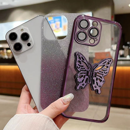 For iPhone 16 Electroplated Gradient Glitter 3D Butterfly TPU Phone Case(Gradient Black) by buy2fix