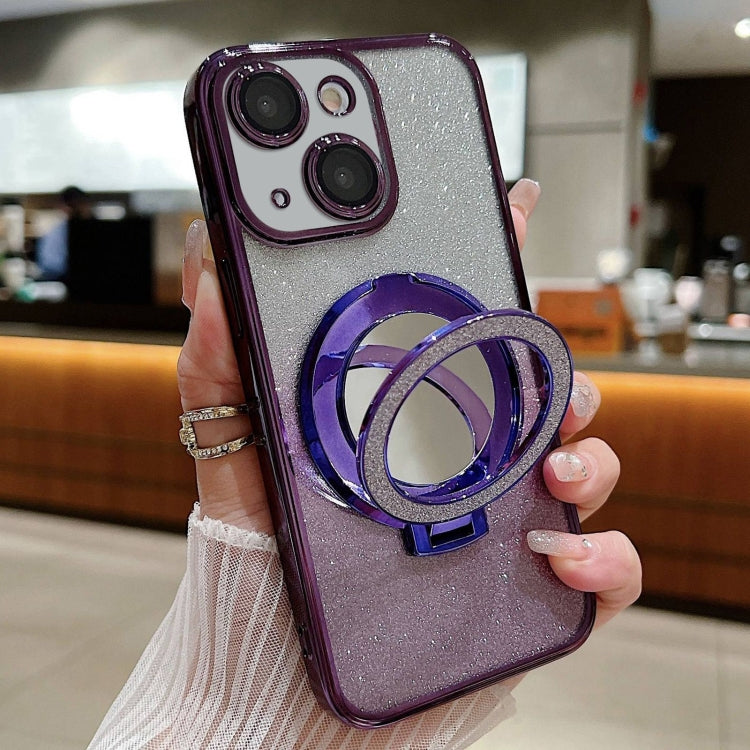 For iPhone 15 Plated Mirror Holder Gradient Glitter Magsafe Phone Case(Purple) - iPhone 15 Cases by buy2fix | Online Shopping UK | buy2fix