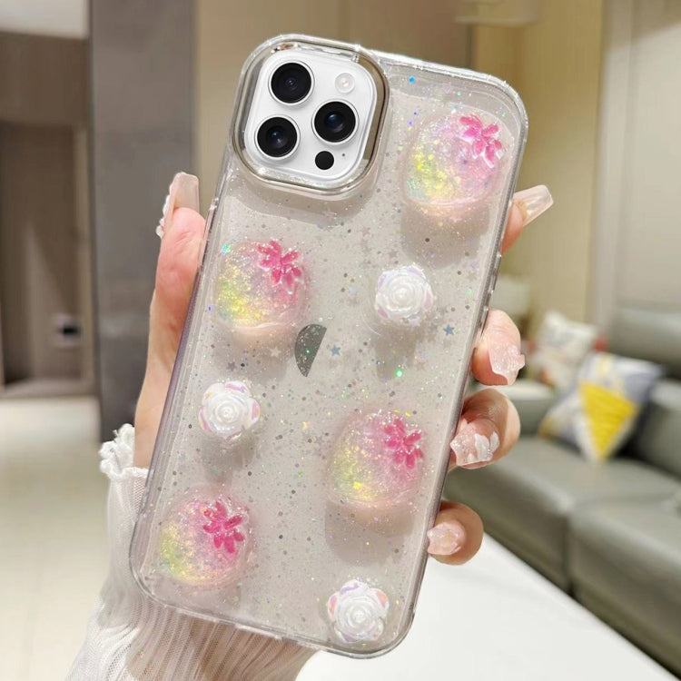 For iPhone 16 Pro 3D Flower Glitter Epoxy TPU Phone Case(Pink Strawberry) by buy2fix