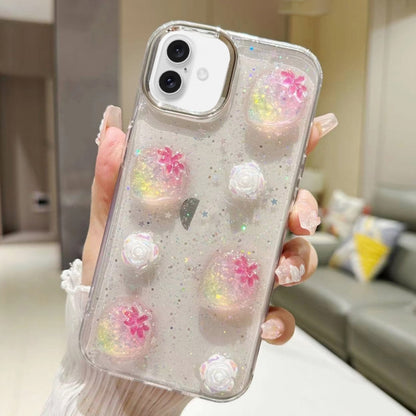 For iPhone 16 Plus 3D Flower Glitter Epoxy TPU Phone Case(Pink Strawberry) by buy2fix