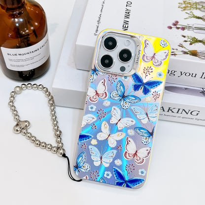 For iPhone 16 Pro Max Electroplating Laser Butterfly Phone Case with Wrist Strap(Blue Butterflies AB4) - iPhone 16 Pro Max Cases by buy2fix | Online Shopping UK | buy2fix