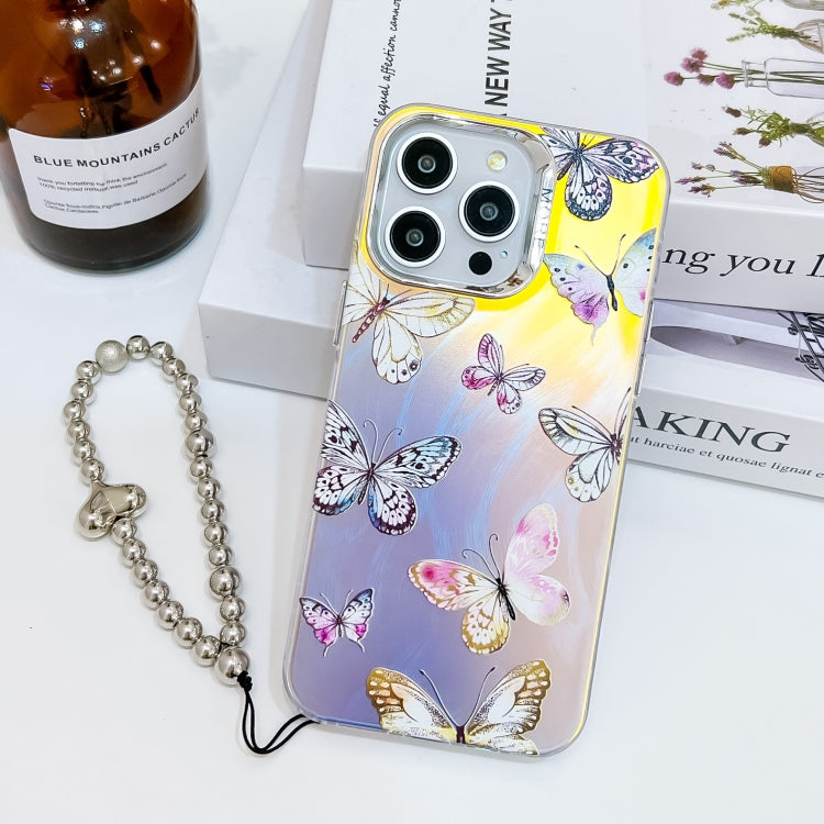 For iPhone 16 Pro Electroplating Laser Butterfly Phone Case with Wrist Strap(Pink Butterflies AB2) - iPhone 16 Pro Cases by buy2fix | Online Shopping UK | buy2fix