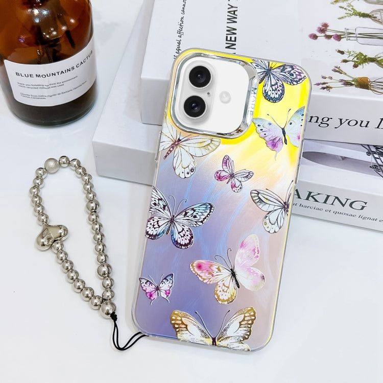 For iPhone 16 Plus Electroplating Laser Butterfly Phone Case with Wrist Strap(Pink Butterflies AB2) - iPhone 16 Plus Cases by buy2fix | Online Shopping UK | buy2fix