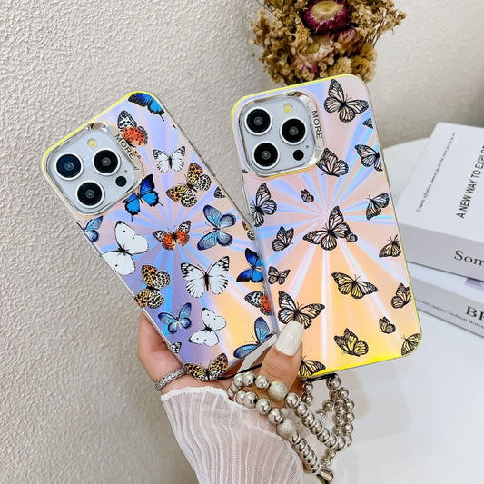 For iPhone 16 Plus Electroplating Laser Butterfly Phone Case with Wrist Strap(White Purple Butterflies AB6) by buy2fix