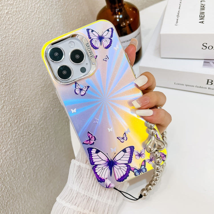 For iPhone 16 Pro Max Electroplating Laser Butterfly Phone Case with Wrist Strap(Color Butterflies AB1) - iPhone 16 Pro Max Cases by buy2fix | Online Shopping UK | buy2fix