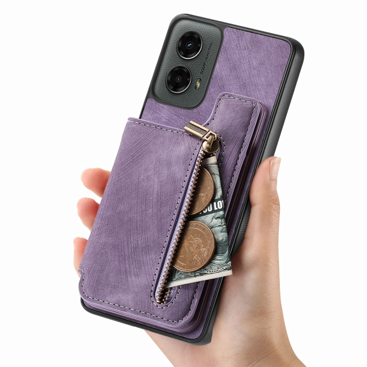 For Motorola Moto G 2024 Retro Leather Zipper Wallet Back Phone Case(Purple) by buy2fix