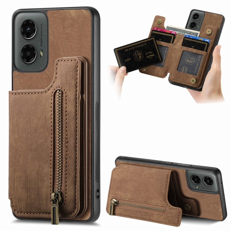 For Motorola Moto G 2024 Retro Leather Zipper Wallet Back Phone Case(Brown) - Motorola Cases by buy2fix | Online Shopping UK | buy2fix