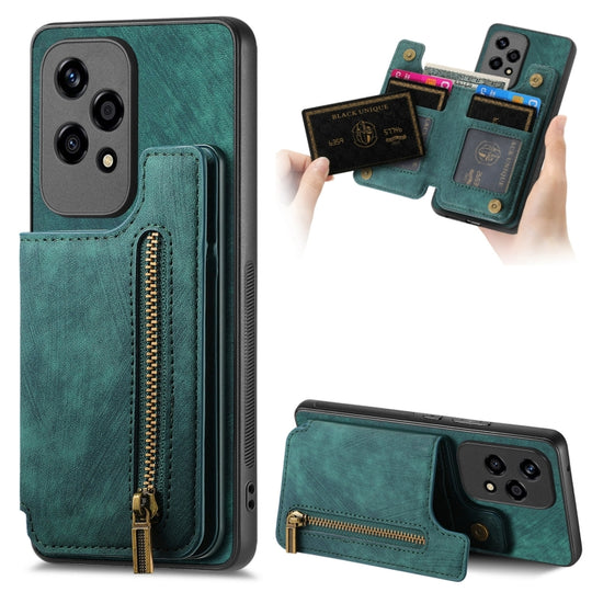 For Honor 200 Lite Global Retro Leather Zipper Wallet Back Phone Case(Green)
