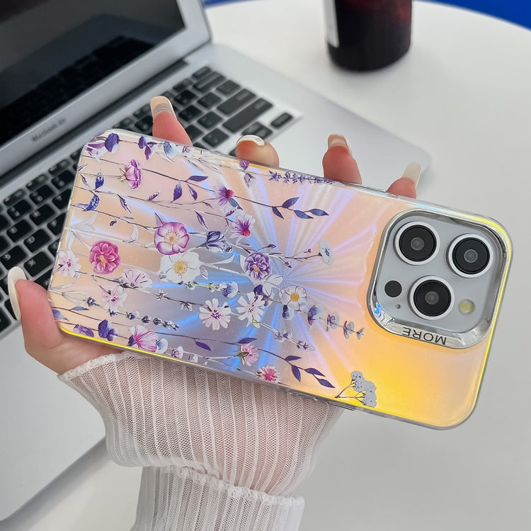 For iPhone 16 Electroplating Laser Flower Texture TPU Phone Case(Blue Flower AH8) - iPhone 16 Cases by buy2fix | Online Shopping UK | buy2fix