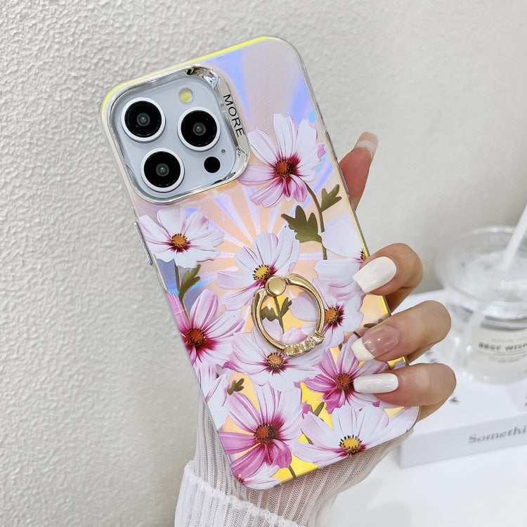 For iPhone 16 Pro Max Electroplating Laser Flower Ring Holder TPU Phone Case(Cosmos Flower AH7) - iPhone 16 Pro Max Cases by buy2fix | Online Shopping UK | buy2fix