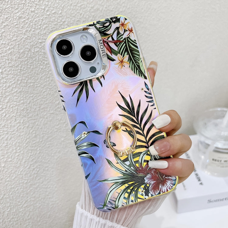 For iPhone 16 Pro Max Electroplating Laser Flower Ring Holder TPU Phone Case(Leaves AH12) - iPhone 16 Pro Max Cases by buy2fix | Online Shopping UK | buy2fix