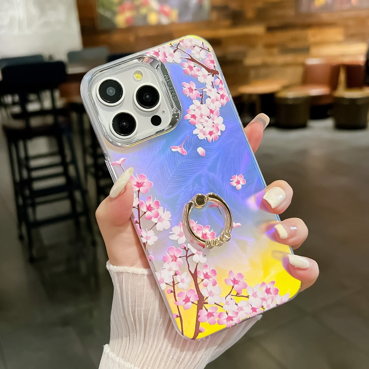 For iPhone 16 Pro Electroplating Laser Flower Ring Holder TPU Phone Case(Peach Blossom AH4) - iPhone 16 Pro Cases by buy2fix | Online Shopping UK | buy2fix