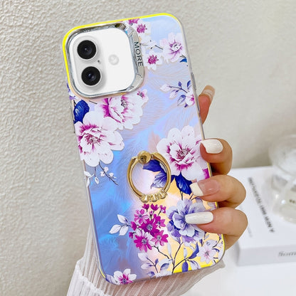 For iPhone 16 Electroplating Laser Flower Ring Holder TPU Phone Case(Peony AH11) - iPhone 16 Cases by buy2fix | Online Shopping UK | buy2fix