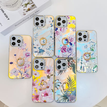 For iPhone 16 Electroplating Laser Flower Ring Holder TPU Phone Case(Blue Flower AH8) - iPhone 16 Cases by buy2fix | Online Shopping UK | buy2fix