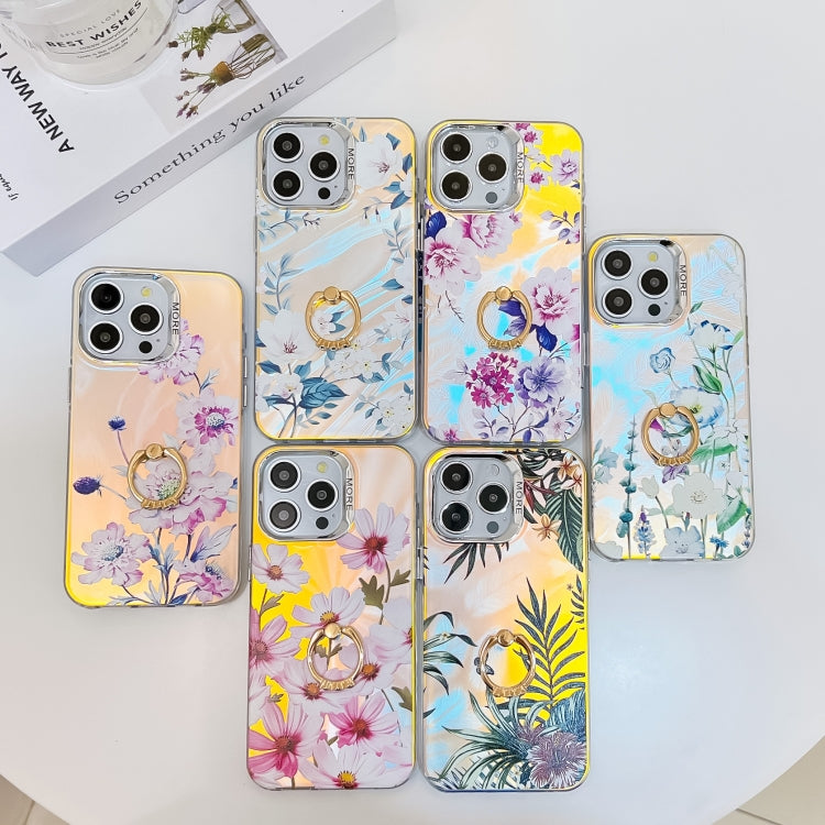 For iPhone 16 Plus Electroplating Laser Flower Ring Holder TPU Phone Case(Peony AH11) by buy2fix