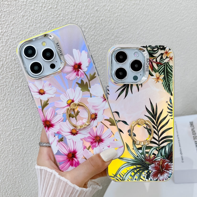 For iPhone 16 Plus Electroplating Laser Flower Ring Holder TPU Phone Case(Flower AH1) - iPhone 16 Plus Cases by buy2fix | Online Shopping UK | buy2fix