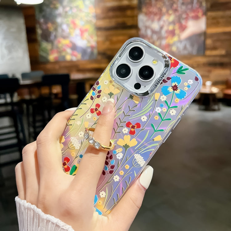For iPhone 16 Electroplating Laser Flower Ring Holder TPU Phone Case(Flower AH6) by buy2fix