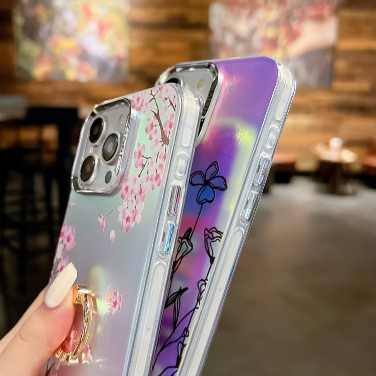 For iPhone 16 Plus Electroplating Laser Flower Ring Holder TPU Phone Case(Peony AH11) by buy2fix