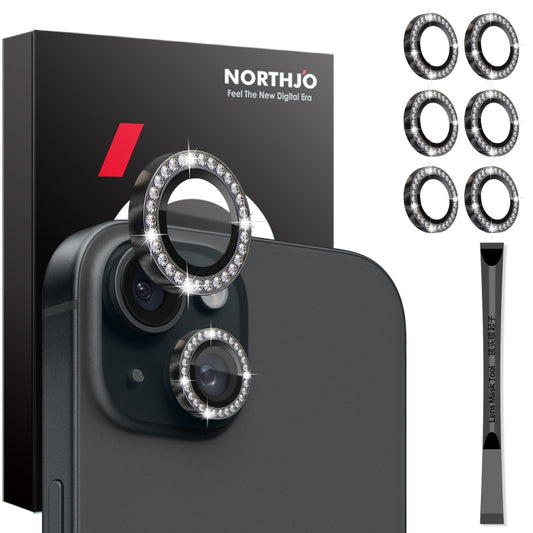 For iPhone 15 / 15 Plus / 14 / 14 Plus NORTHJO 3 Set 6Pcs Camera Lens Protector Diamond Metal Ring Film(Graphite) - iPhone 15 Tempered Glass by NORTHJO | Online Shopping UK | buy2fix