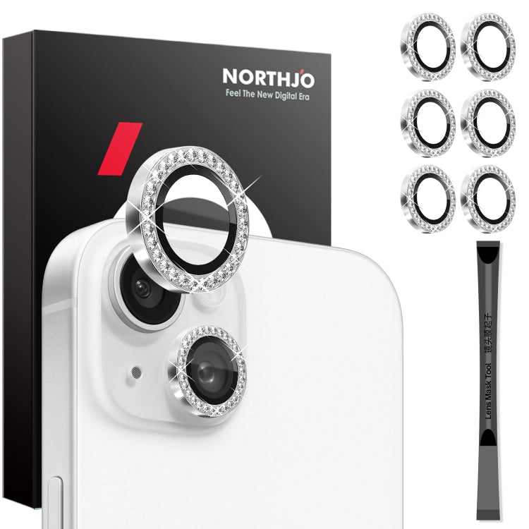 For iPhone 15 / 15 Plus / 14 / 14 Plus NORTHJO 3 Set 6Pcs Camera Lens Protector Diamond Metal Ring Film(Silver) - iPhone 15 Tempered Glass by NORTHJO | Online Shopping UK | buy2fix