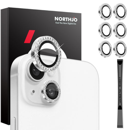 For iPhone 15 / 15 Plus / 14 / 14 Plus NORTHJO 3 Set 6Pcs Camera Lens Protector Diamond Metal Ring Film(Silver) - iPhone 15 Tempered Glass by NORTHJO | Online Shopping UK | buy2fix