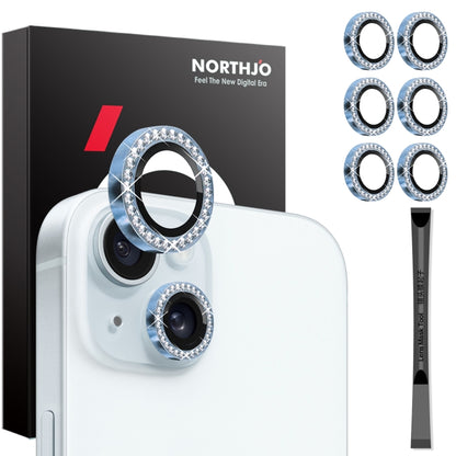 For iPhone 15 / 15 Plus / 14 / 14 Plus NORTHJO 3 Set 6Pcs Camera Lens Protector Diamond Metal Ring Film(Blue) - iPhone 15 Tempered Glass by NORTHJO | Online Shopping UK | buy2fix