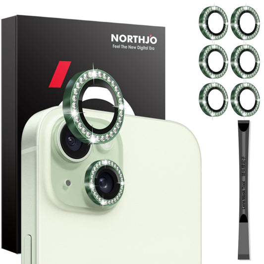 For iPhone 15 / 15 Plus / 14 / 14 Plus NORTHJO 3 Set 6Pcs Camera Lens Protector Diamond Metal Ring Film(Green) - iPhone 15 Tempered Glass by NORTHJO | Online Shopping UK | buy2fix
