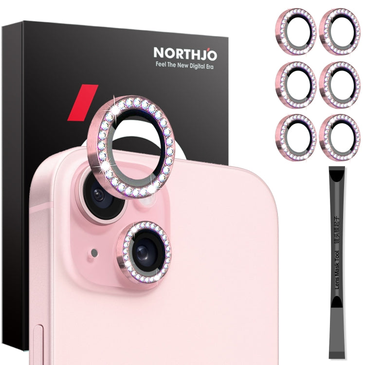 For iPhone 15 / 15 Plus / 14 / 14 Plus NORTHJO 3 Set 6Pcs Camera Lens Protector Diamond Metal Ring Film(Pink) - iPhone 15 Tempered Glass by NORTHJO | Online Shopping UK | buy2fix