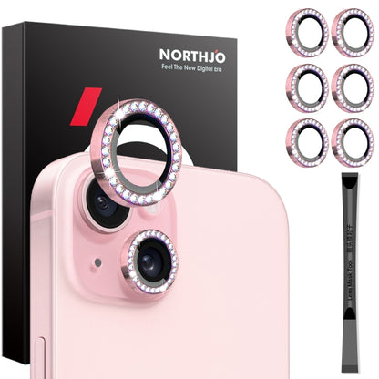 For iPhone 15 / 15 Plus / 14 / 14 Plus NORTHJO 3 Set 6Pcs Camera Lens Protector Diamond Metal Ring Film(Pink) - iPhone 15 Tempered Glass by NORTHJO | Online Shopping UK | buy2fix