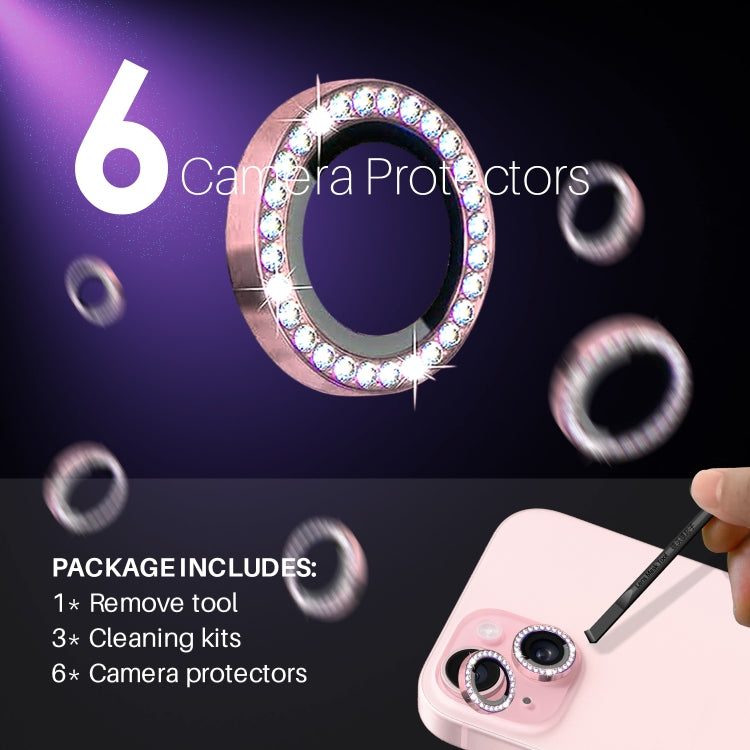 For iPhone 15 / 15 Plus / 14 / 14 Plus NORTHJO 3 Set 6Pcs Camera Lens Protector Diamond Metal Ring Film(Pink) - iPhone 15 Tempered Glass by NORTHJO | Online Shopping UK | buy2fix