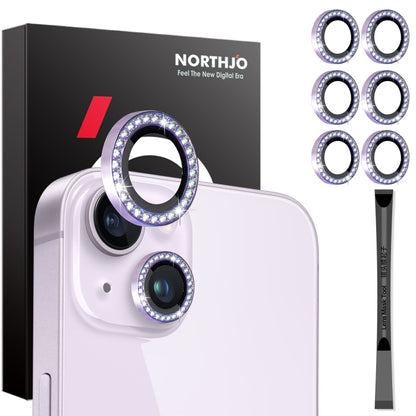 For iPhone 15 / 15 Plus / 14 / 14 Plus NORTHJO 3 Set 6Pcs Camera Lens Protector Diamond Metal Ring Film(Purple) - iPhone 15 Tempered Glass by NORTHJO | Online Shopping UK | buy2fix