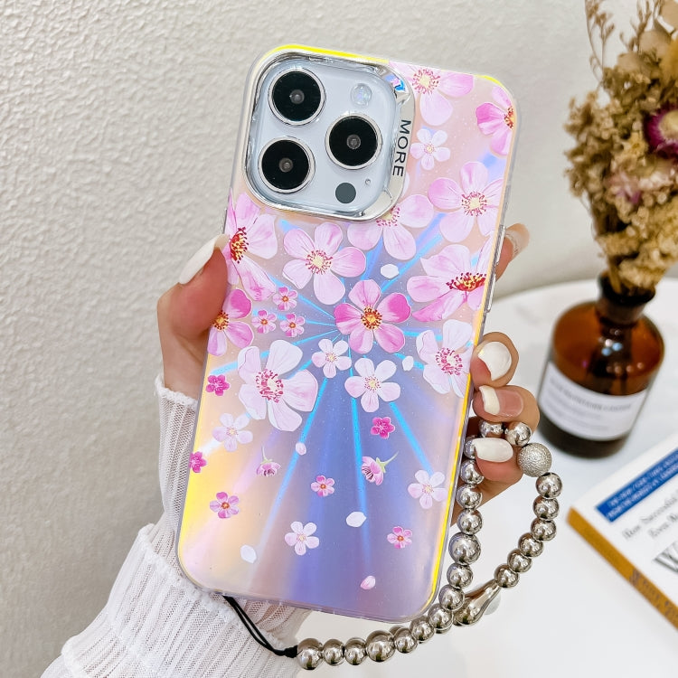 For iPhone 16 Pro Max Electroplating Laser Flower Phone Case with Wrist Strap(Pink Flower AH13) - iPhone 16 Pro Max Cases by buy2fix | Online Shopping UK | buy2fix