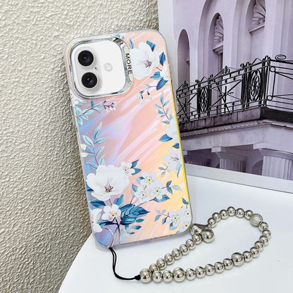 For iPhone 16 Plus Electroplating Laser Flower Phone Case with Wrist Strap(White Flower AH10) - iPhone 16 Plus Cases by buy2fix | Online Shopping UK | buy2fix