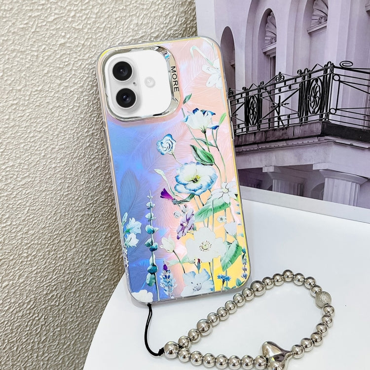 For iPhone 16 Plus Electroplating Laser Flower Phone Case with Wrist Strap(Blue Flower AH8) by buy2fix