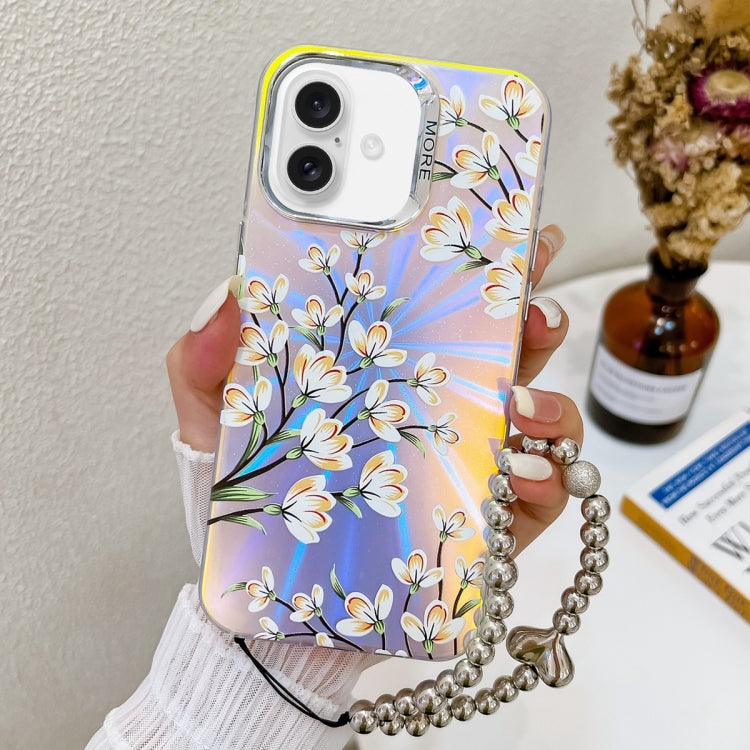 For iPhone 16 Plus Electroplating Laser Flower Phone Case with Wrist Strap(Pear Blossom AH17) - iPhone 16 Plus Cases by buy2fix | Online Shopping UK | buy2fix