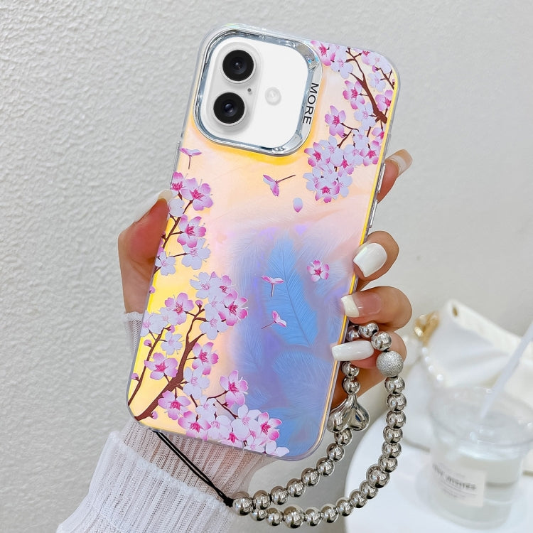 For iPhone 16 Electroplating Laser Flower Phone Case with Wrist Strap(Peach Blossom AH4) - iPhone 16 Cases by buy2fix | Online Shopping UK | buy2fix