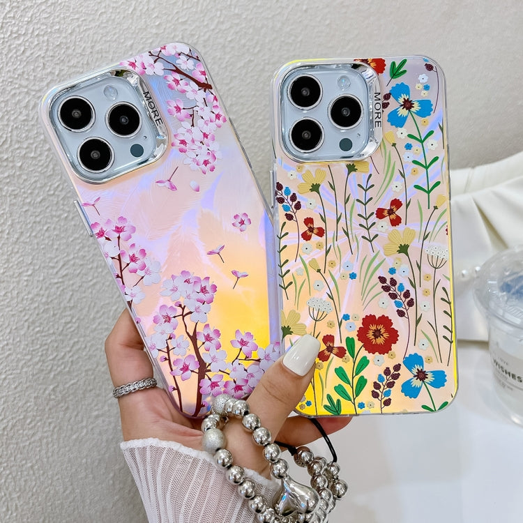 For iPhone 16 Electroplating Laser Flower Phone Case with Wrist Strap(Drawn Flowers AH3) - iPhone 16 Cases by buy2fix | Online Shopping UK | buy2fix