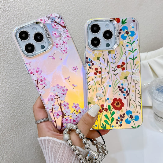 For iPhone 16 Electroplating Laser Flower Phone Case with Wrist Strap(White Flower AH10) by buy2fix