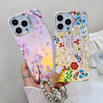 For iPhone 16 Plus Electroplating Laser Flower Phone Case with Wrist Strap(Blue Flower AH8) by buy2fix