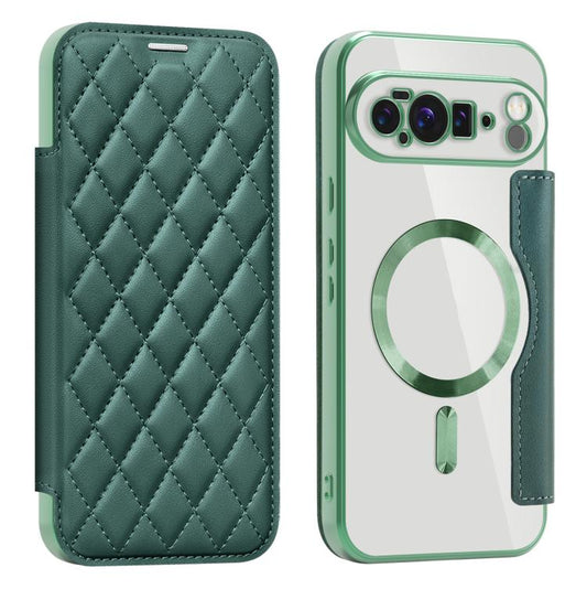 For Google Pixel 10 Pro XL Shield Magsafe RFID Anti-theft Rhombus Leather Phone Case(Green) - Google Cases by buy2fix | Online Shopping UK | buy2fix