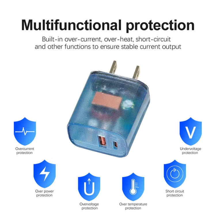 Transparent PD3.0 Type-C + QC3.0 USB Mobile Phone Charger, US Plug(Transparent Blue) - USB Charger by buy2fix | Online Shopping UK | buy2fix