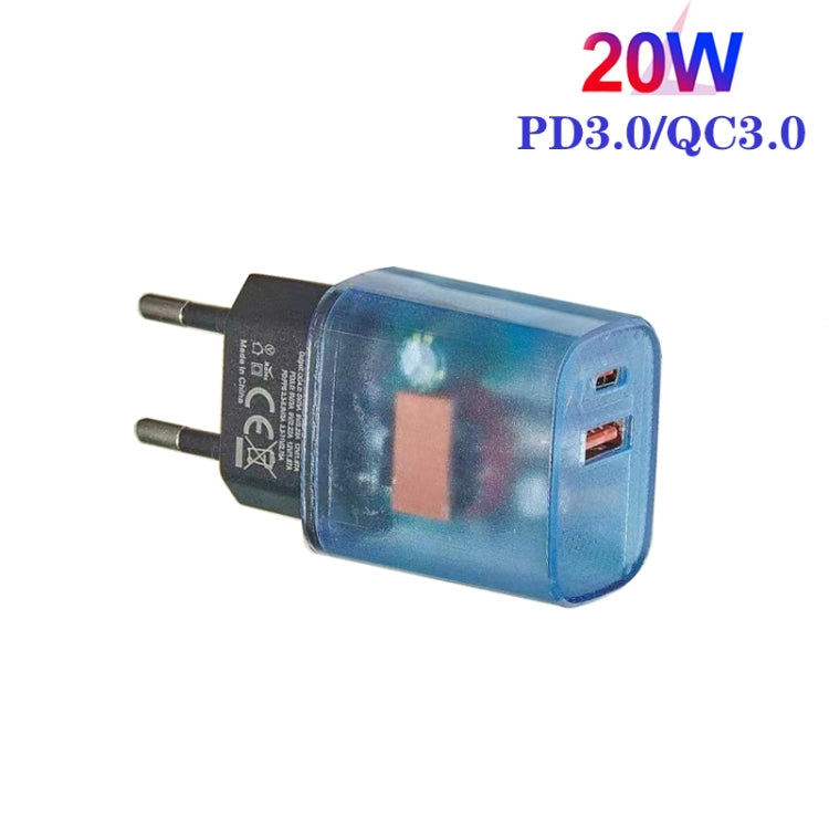 Transparent PD3.0 Type-C + QC3.0 USB Mobile Phone Charger, EU Plug(Transparent Blue) - USB Charger by buy2fix | Online Shopping UK | buy2fix