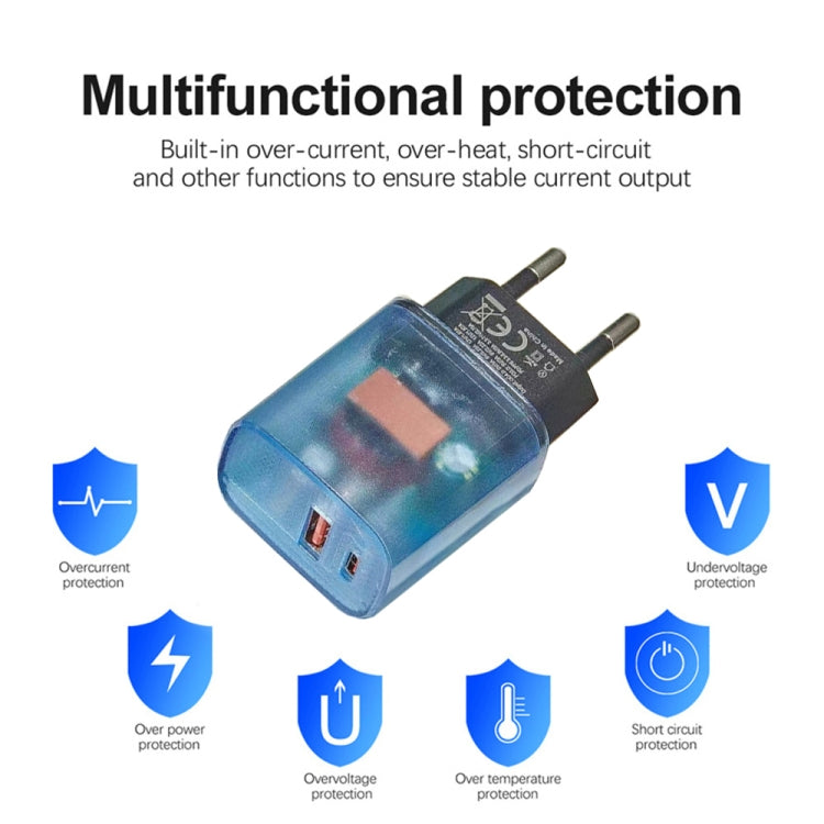 Transparent PD3.0 Type-C + QC3.0 USB Mobile Phone Charger, EU Plug(Transparent Blue) - USB Charger by buy2fix | Online Shopping UK | buy2fix